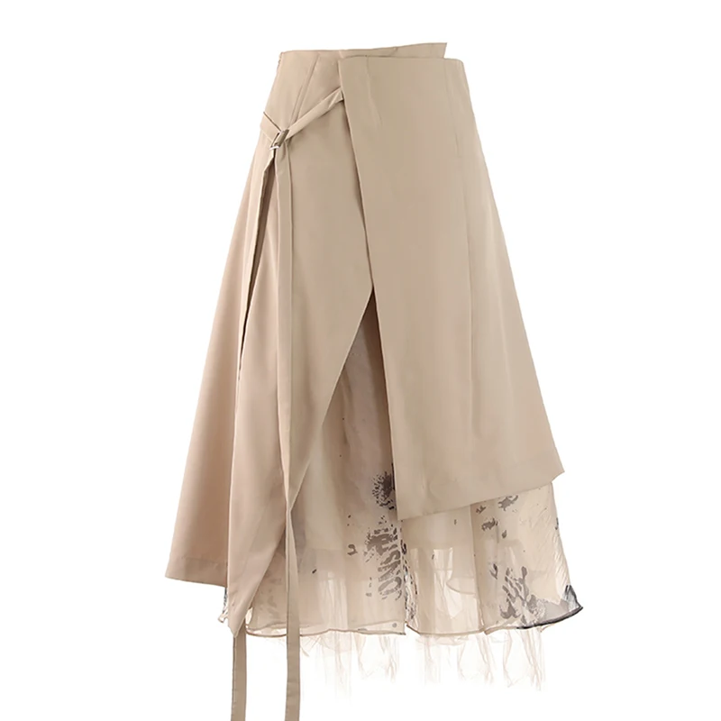 

TWOTWINSTYLE Patchwork Lace Up A Line Asymmetrical Hem Streetwear High Waist Long Pencil Skirt