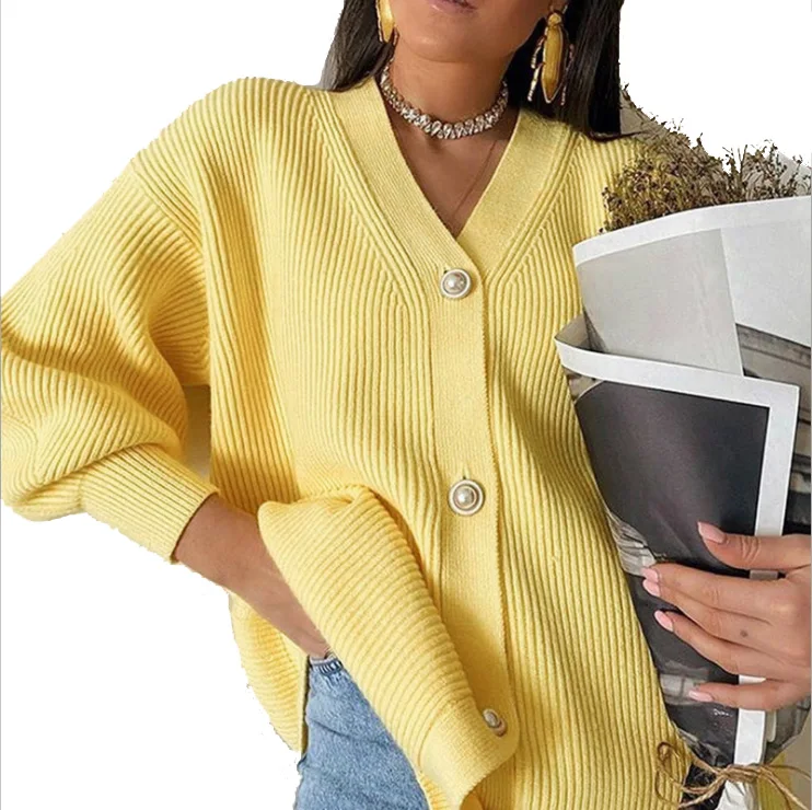 

INS 2020 woman cardigan sweater solid v-neck knit sweater long sleeve oversized sweater women clothing