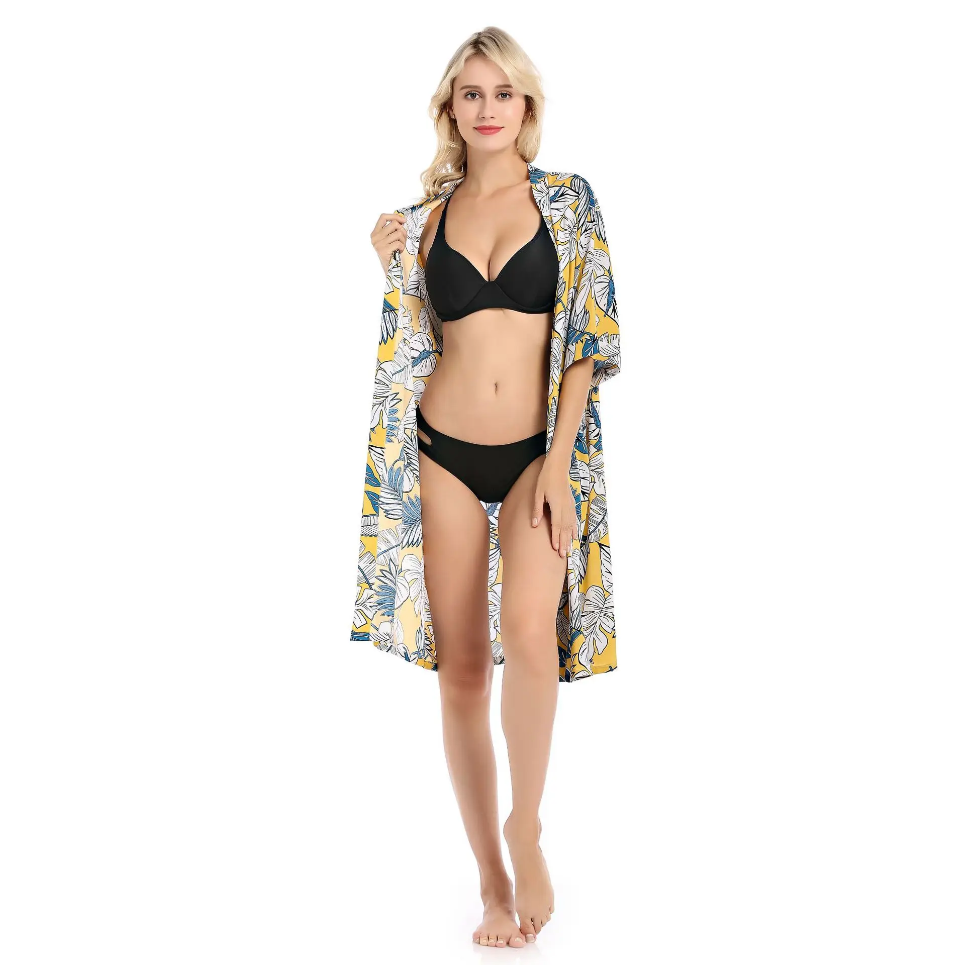 

Women Wholesale Yellow Holiday Beach Robe Sexy Printed Satin Bath Robe Short Sleeve Plush Bath Robe