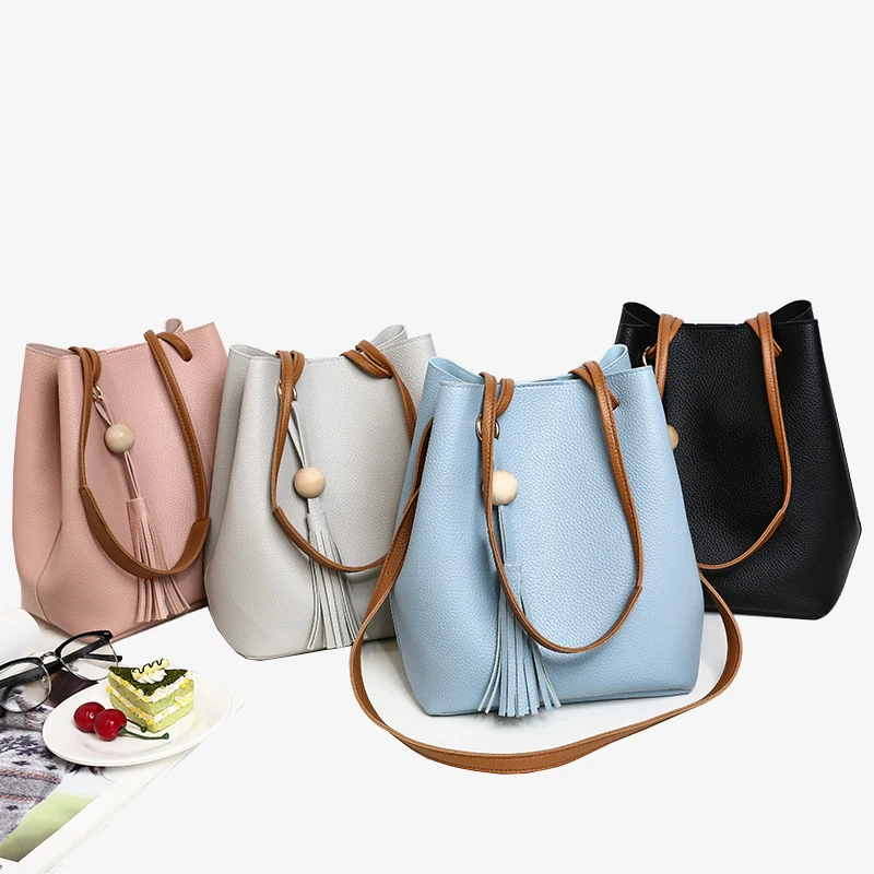 

High quality tote crossbody PU leather Bucket bag Shopping Bag Leather bead Waterproof Fashion Handbags for Women, Natural