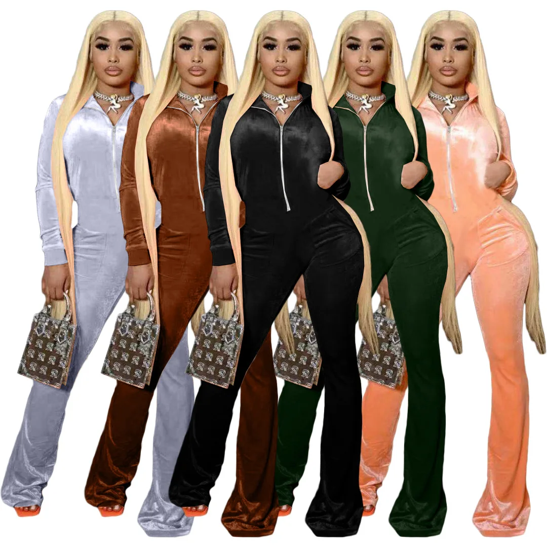 

2021 Newest Design Warm Thick Casual Long Sleeve Zipper Velour Velvet Sherpa One Piece Jumpsuit Wide Leg Fall Womens Jumpsuits, Customized color