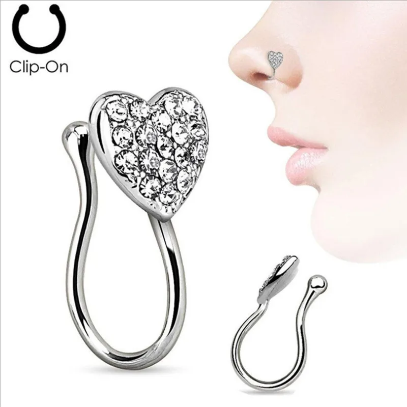 

wholesale clip on nose piercing ring heart shape Gem Curved 316L Surgical Steel Nose Piercing jewelry