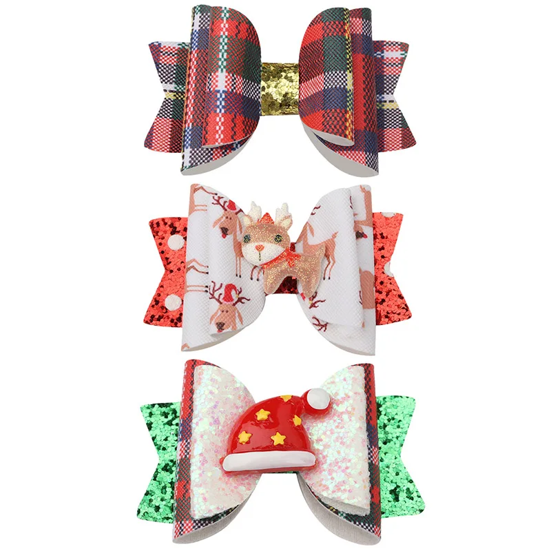 

2022 New 3 Inch Baby Girls Glitter Christmas Hair Bow Clips Hair Accessories