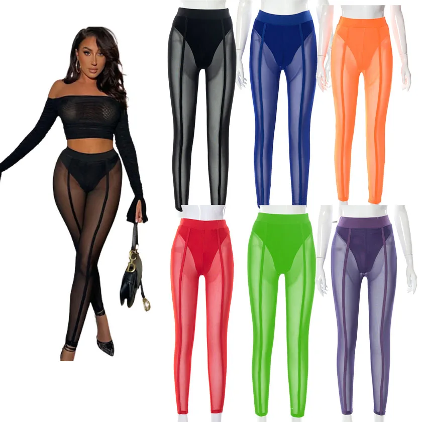 

2022 Summer Ladies Mesh Skinny Stretch Leggings High Waist Women Clothing Women's Pants Sheer Trousers