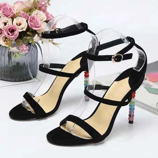 

Rainbow Color Beading Thin Heel Ankle Buckle Strap Women Sandals Large Size 43 Summer Round Peep Toe Pumps Ladies Dating Shoes, Black