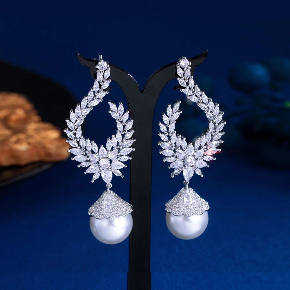 New Trendy Sparkly White Cubic Zirconia CZ Big Imitation Pearl Wedding Bridal Long Dangle Drop Earrings for Women Jewelry