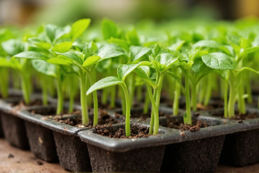Close-up of hatch chili pepper seedlings emerging from soil in seed trays with proper spacing and moisture