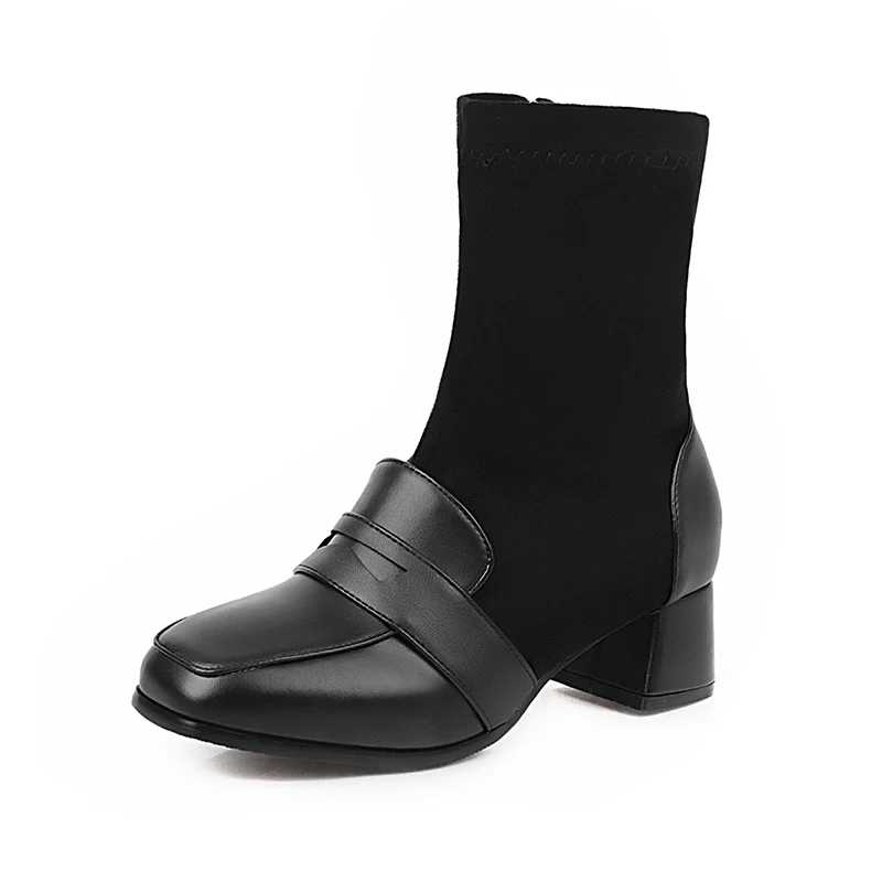 

Autumn Winter Square Toe Stitching Patchwork Side Zipper Women Sock Black Boots