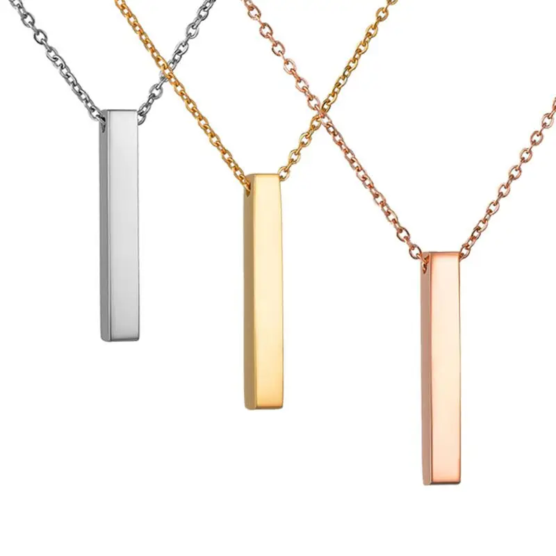 

Dainty Silver Gold Rose Gold Black Stainless Steel Plain 4 Sided Engravable 3D Vertical Personalized Bar Pendant Chain Necklace