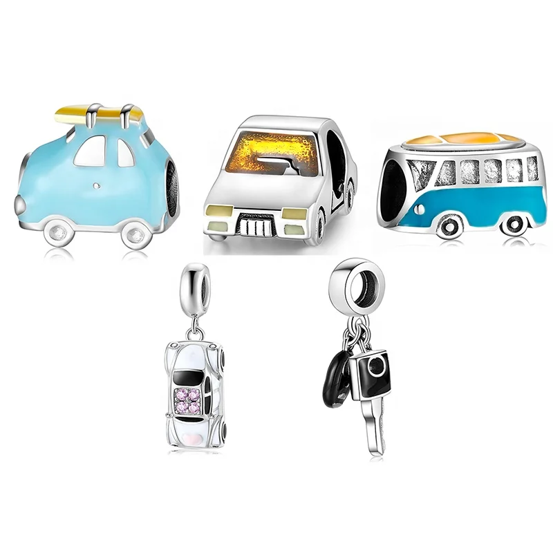 Real 925 Sterling Silver Small and Cute Car Enamel Blue and White Charms for Bracelets Jewelry Making All-match Beads Wholesale