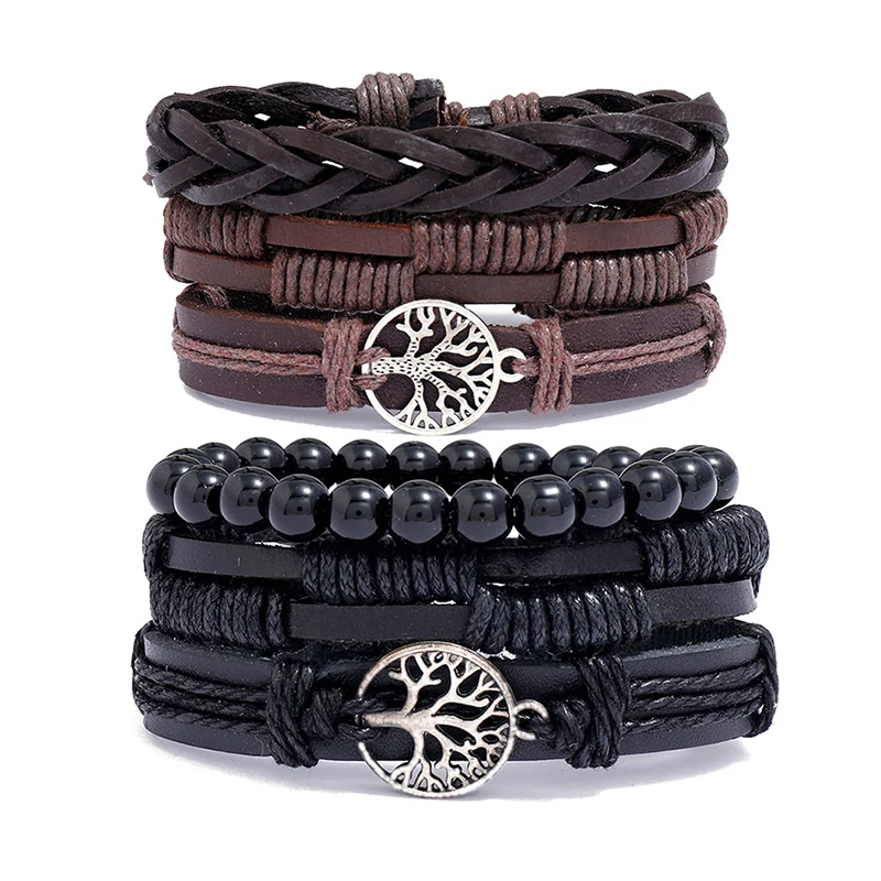 

XuQian Tree of Life Wood Beads Braided Leather Bracelets for Men, Customized color