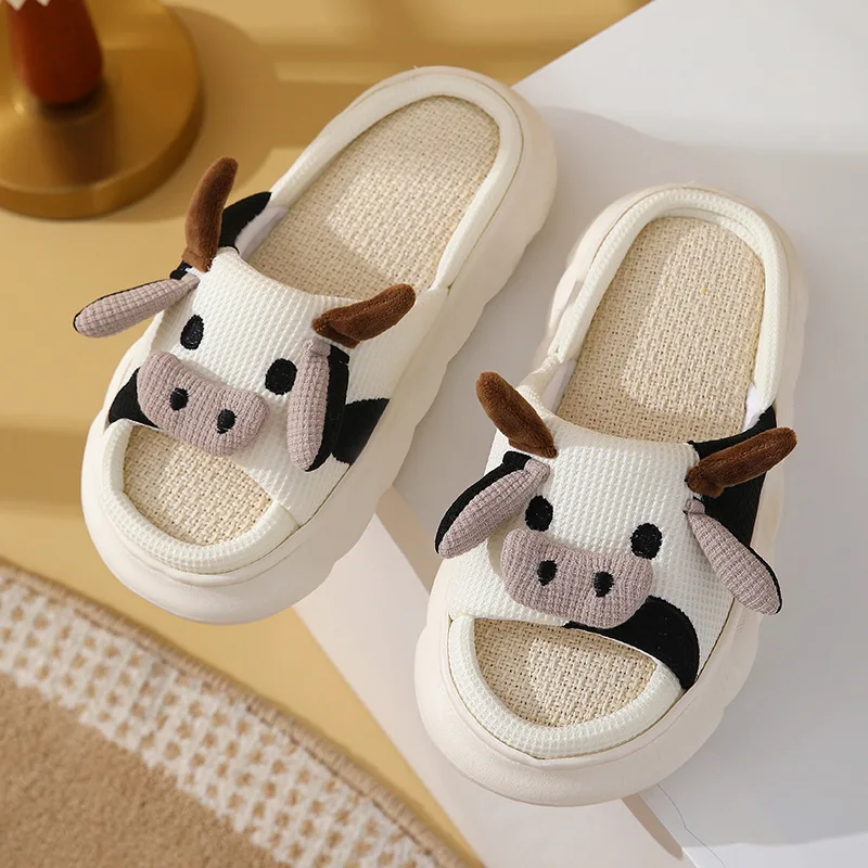 

Cartoon Design Home Slippers Breathable Cute Cow Frog Summer Linen Slippers
