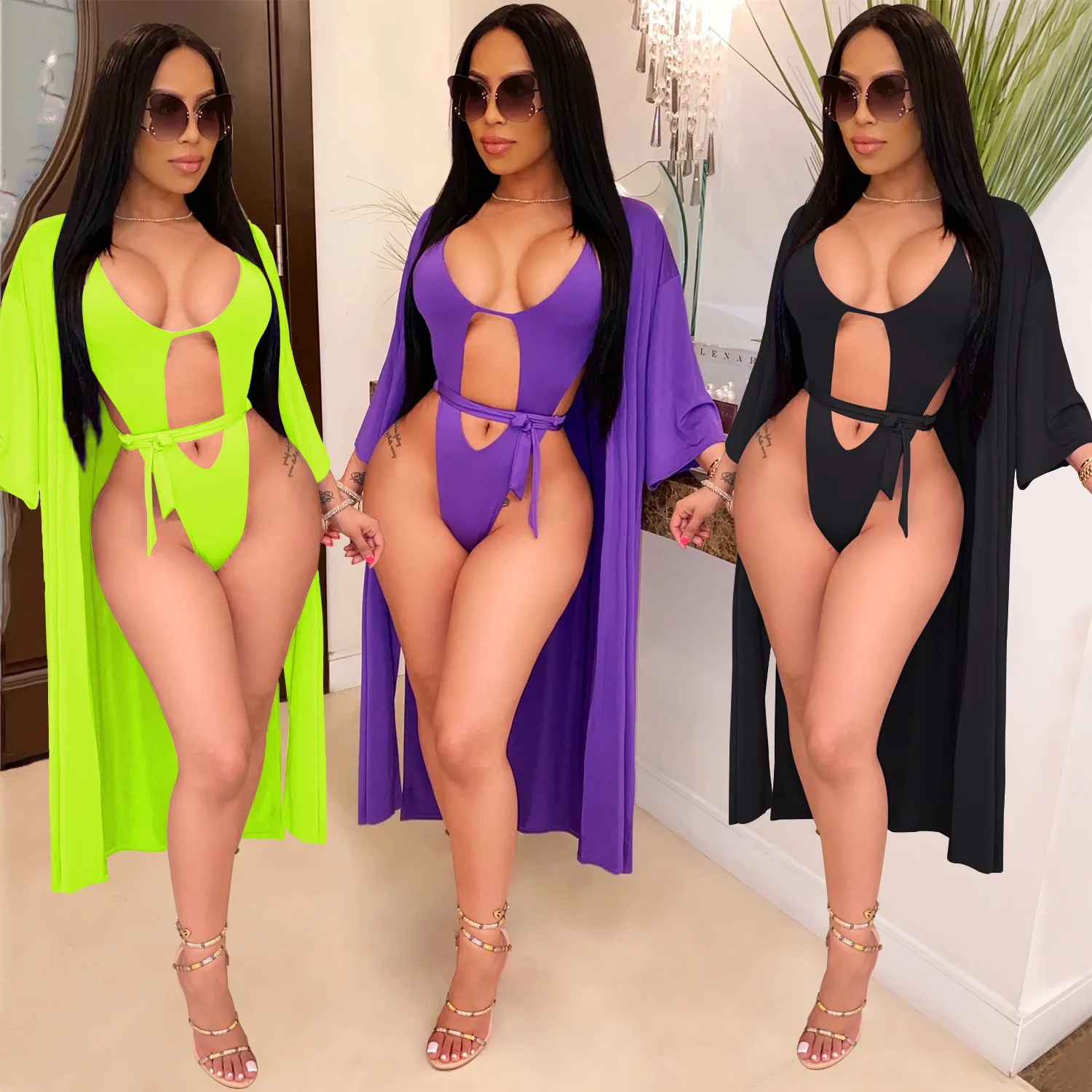 

Women Sexy Beachwear One Piece Bodysuit Swimwear solid Color Bikini Swimwear With Outfit Swim Wear, Customized color