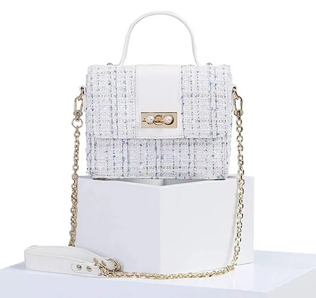 

Wholesale Trendy Women Fashion Woven Wool Fabric Flap Cross Body Chains Clutch Shoulder top handle ladies purse handbags