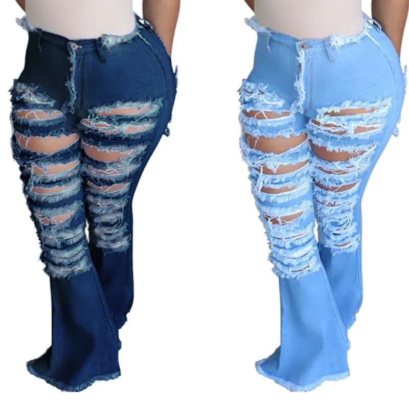 

Plus Size Women Clothing 2021 Street Trend Wide Leg Ripped Horn Bell Bottom Denim Pants Women Jeans, Picture