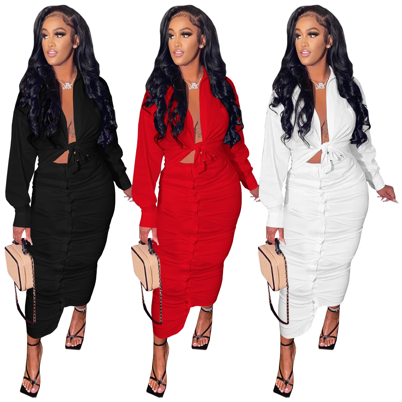

Newest Design Solid color Casual outfits women long sleeve Turn-down Collar shirt and long skirt fall skirt sets two piece