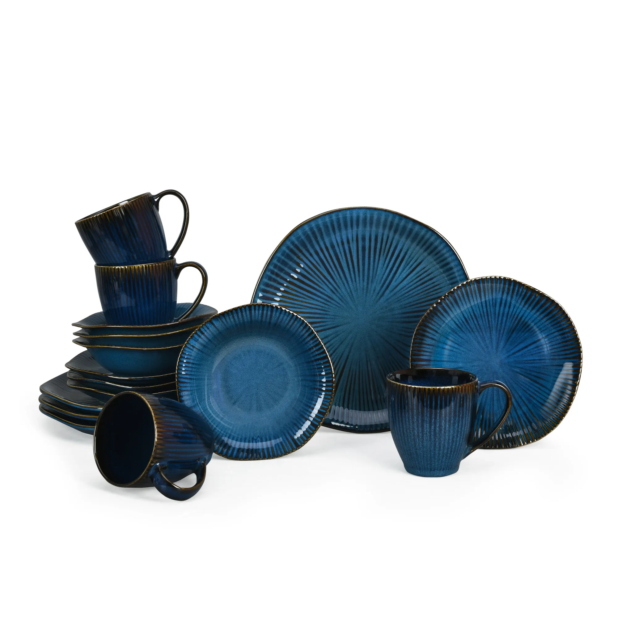 16 PCS Retro Blue Glaze Japanese Style Stoneware New Ceramic Dinner Plate Bowl Tableware Sets Blue Glaze Service Dinnerware Set