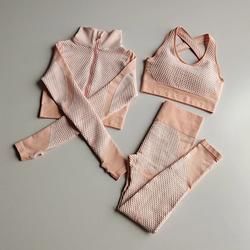 

Winter 3 Pieces Yoga Sets Wear Women Gym Sport Bra High Waist Workout Leggings Clothing Seamless Yoga Set