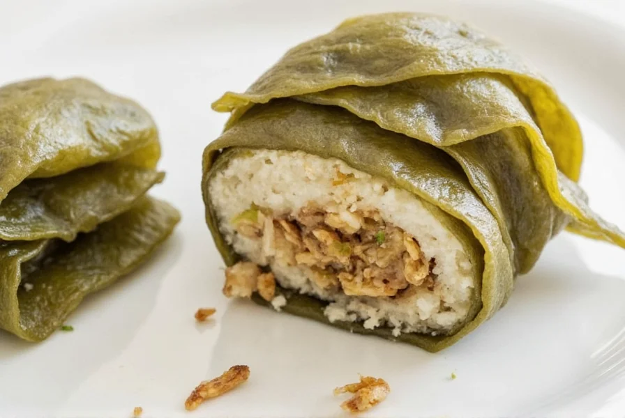 Close-up of stuffed grape leaves with rice and herbs visible