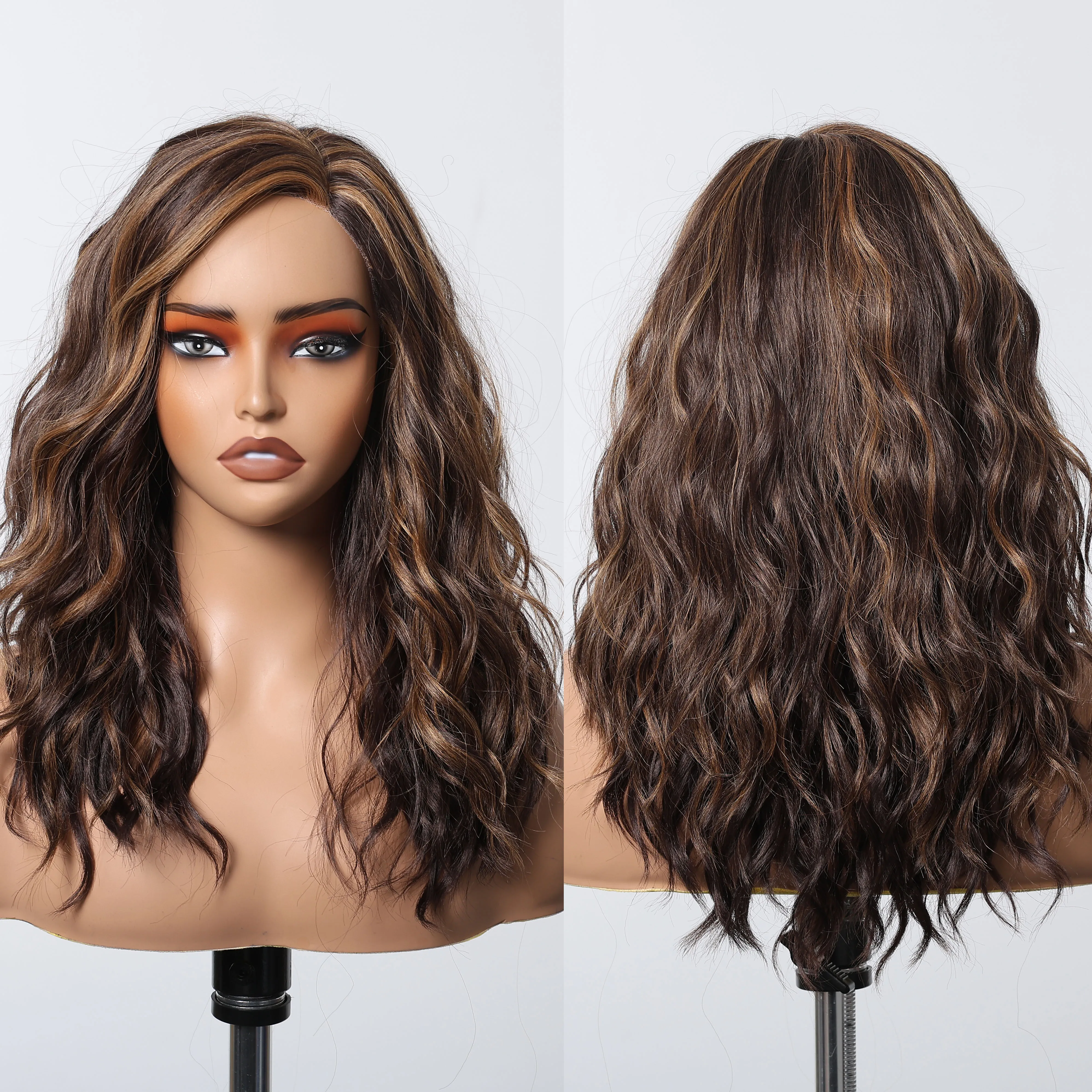 Heat Resistant Fiber Side Split Wig Brown Red Stripe Layered T-Shaped Front Lace Wig Long Super Curly Lace Synthetic Wig