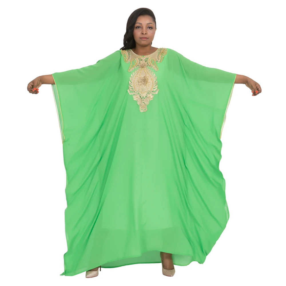 

Loose Floral Bead Kaftan Plus Size Muslim Maxi Dress Boubou Islamic Clothing Chiffon Embroidered Robe, Green/ custom