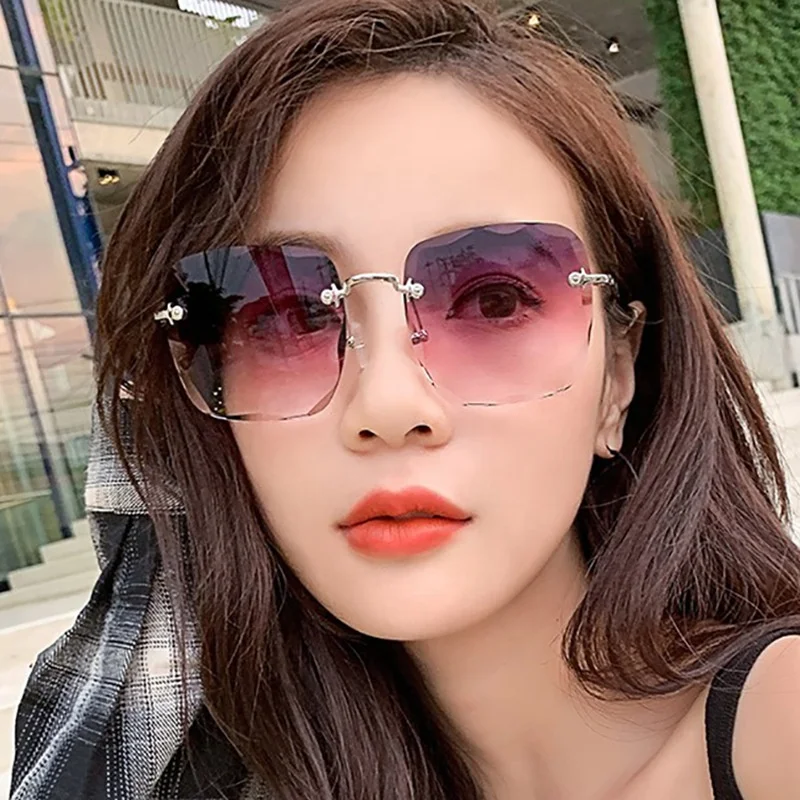 

New arrival Wholesale rimless square frames sunglasses trendy rimless sunglasses women, 6 colors