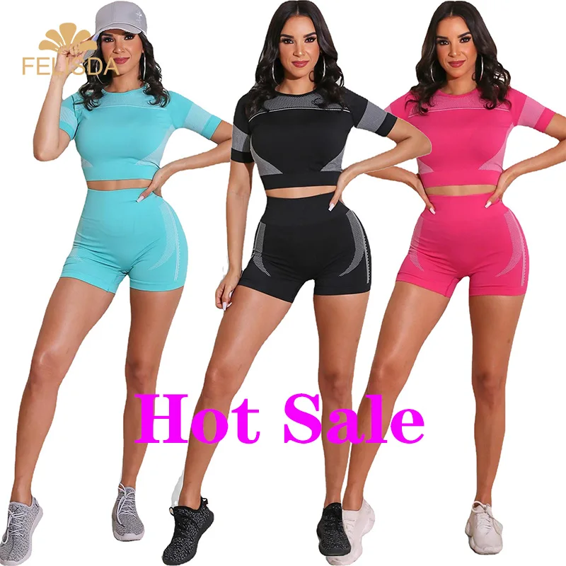 

Fitness Set Women Short Sleeve Summer Blouses Top Gym Sport Pants High Waist Tight Leggings Suit Yoga Short Set