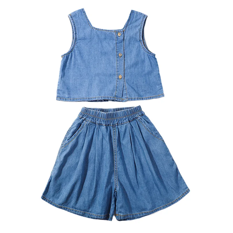 

KYO Children'S Summer Denim Two-Piece Suit Casual Western Style Sleeveless Denim Top And Shorts Set