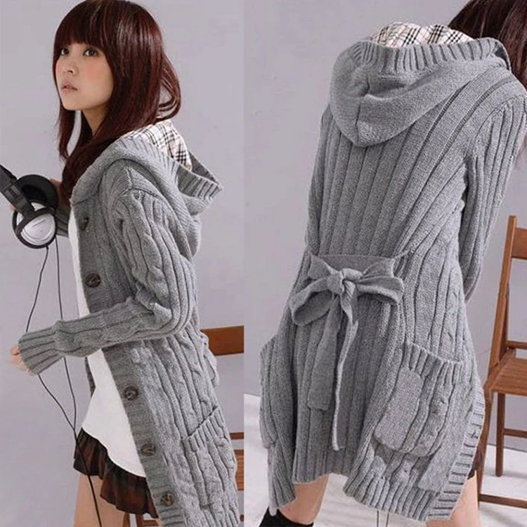 

Korean Winter Long Sleeve Plaid Patchwork Women Cardigans With Belt Casual Sweater Hoodies, Black / gray / beige