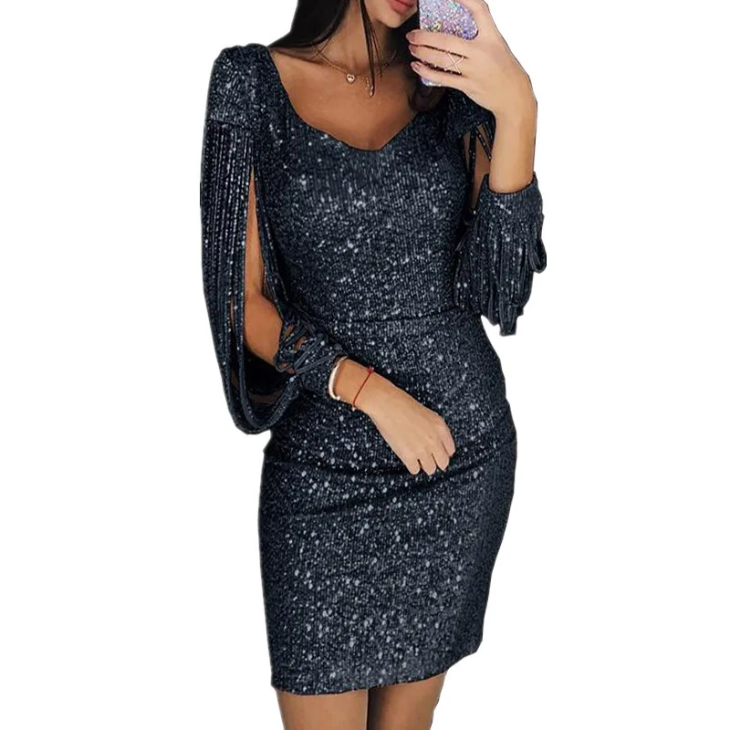 

New sexy V-neck tassel Sequin long sleeve slim wrap hip evening dress