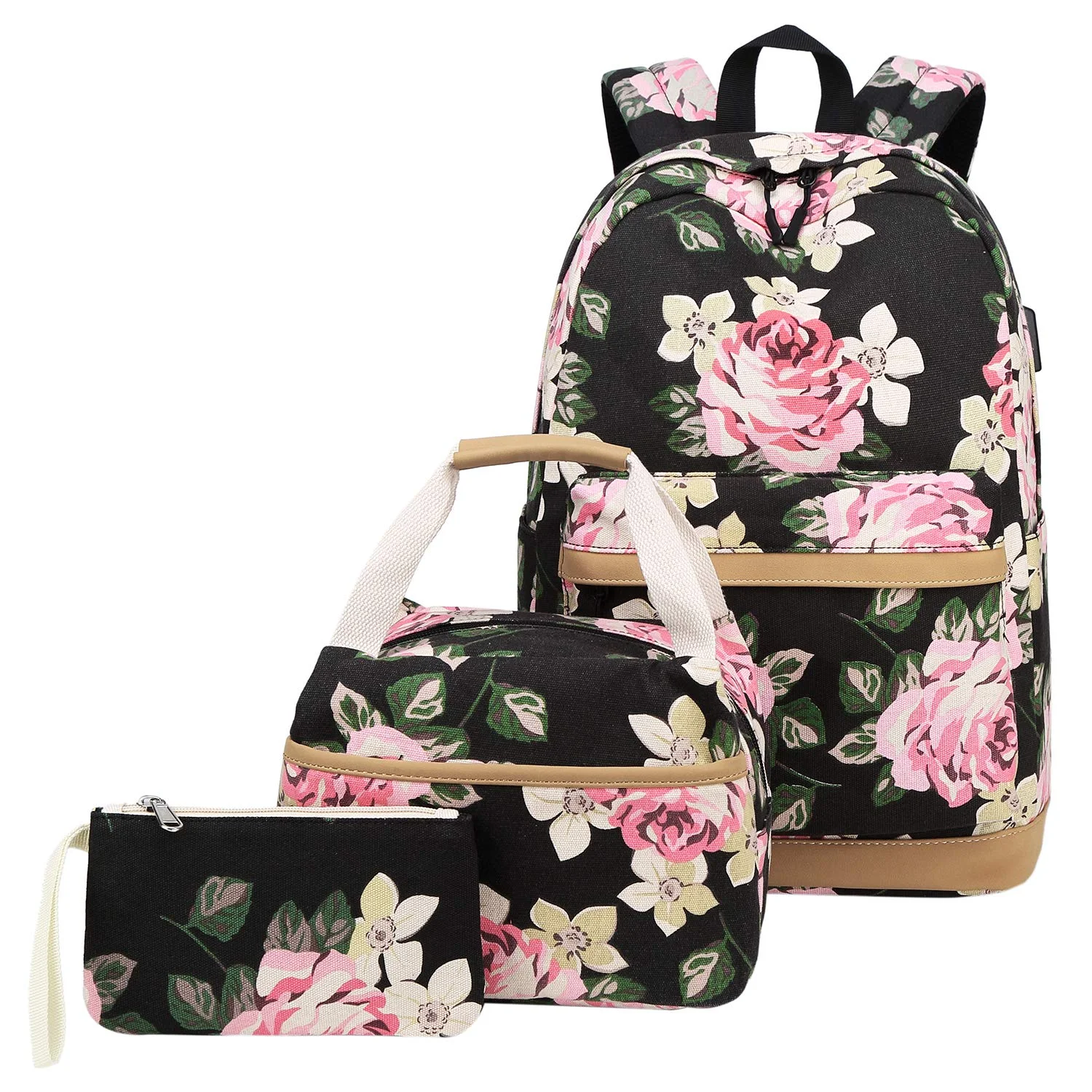 

3 Set Backpack Daypack Laptop Rucksack with USB Port Lunch Bag Pen Bag Lightweight Rucksack for Women Girls Boys, As picture shown, or custom