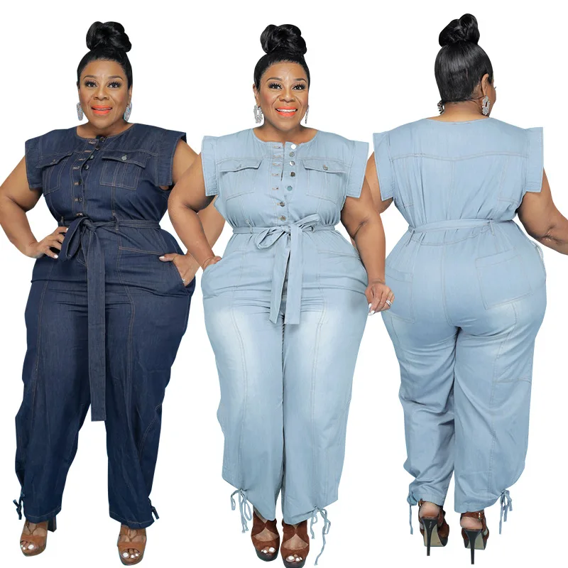 

2022 New Arrival Denim Washed Distressed Sleeveless Belt Jumpsuits Plus Size 5XL O Neck Wide Leg Loose Summer Blue Jean Jumpsuit, Light blue, dark blue