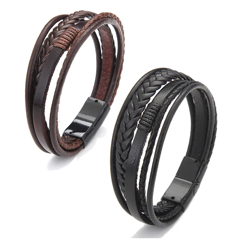 

Alloy Magnetic Button Boys Leather Bracelet Retro Handmade Braided Men Leather bracelet, Brown black