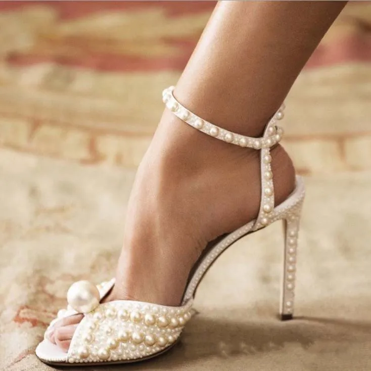 

2021 summer white pearl bridal shoes for wedding gowns open toe high heel sandals, As pictures