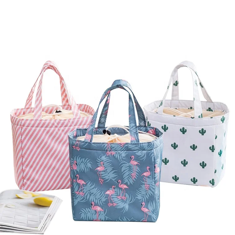 

Water resistant cartoon flamingo printed freezable thermal picnic lunch bag, Flamingo, pink and white stripes, cactus, deciduous leaves