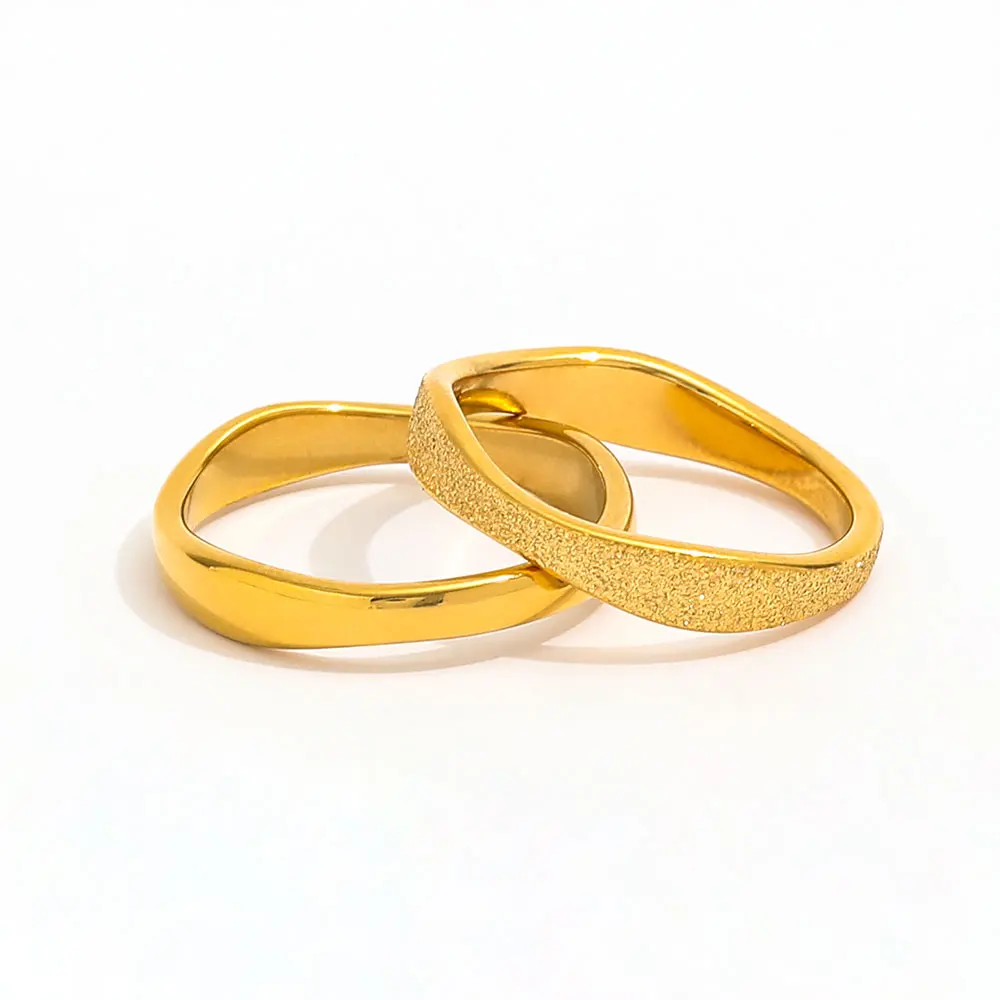 Joolim Jewelry Wholesale 18K Gold Plated Stainless Steel Waved Sand Finish Smooth Stackable Rings for Women