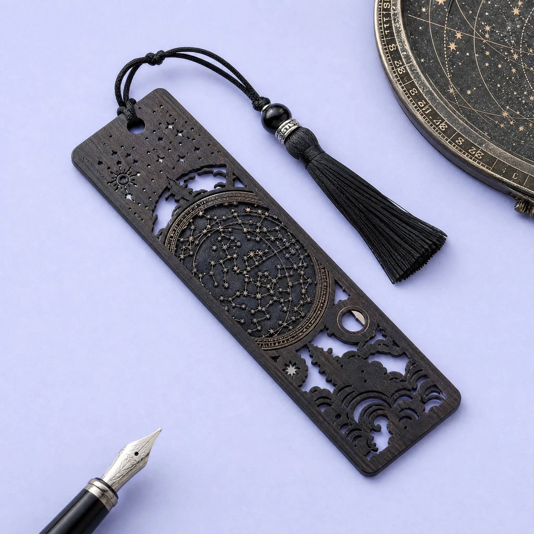 Custom African Ebony Hardwood Celestial Astrolabe Bookmark with Onyx Bead and Black Tassel