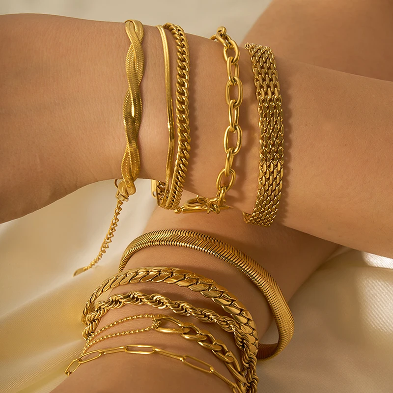 

18k Gold Plated Stainless Steel Cuban Bracelet Chain Double Layer Flat Snake Twist Bracelet For Women