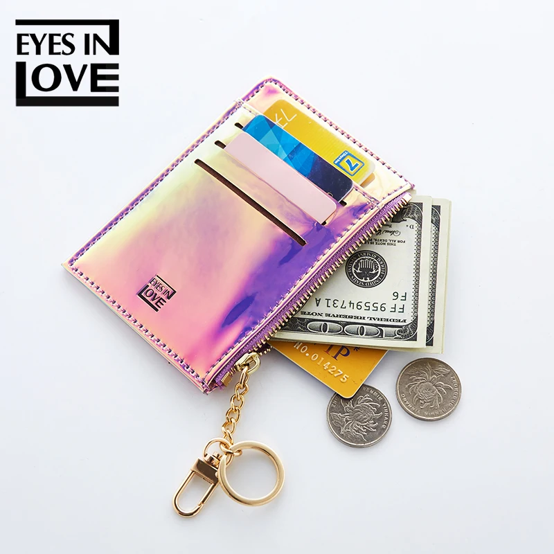 

Women's Coin Purse Change Wallet Pouch Leather Laser Card Holder with Key Chain, Pink,purple,blue,green