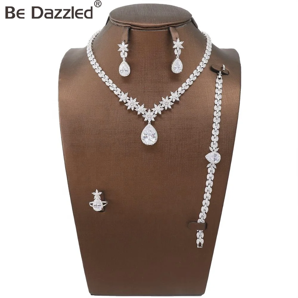 

Bedazzled Fashion New Rhodium Color Fashion Top Quality Wedding Jewelry Sets, AAA CZ Flower Bridal Earrings Necklace Sets