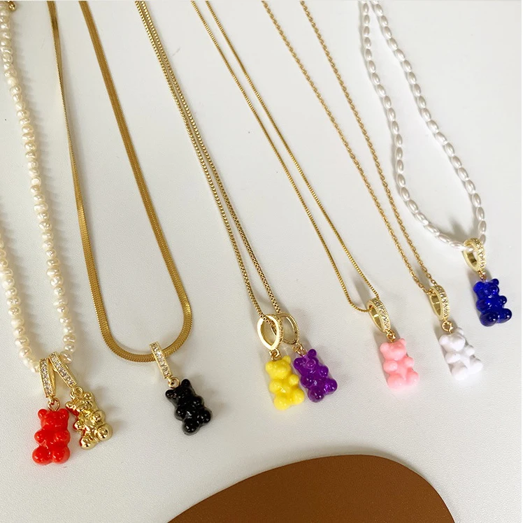 

Wholesale Stainless Steel layer Necklace DIY colors Resin Gummy Bear diamond pendant Necklace women Jewelry Making Accessories