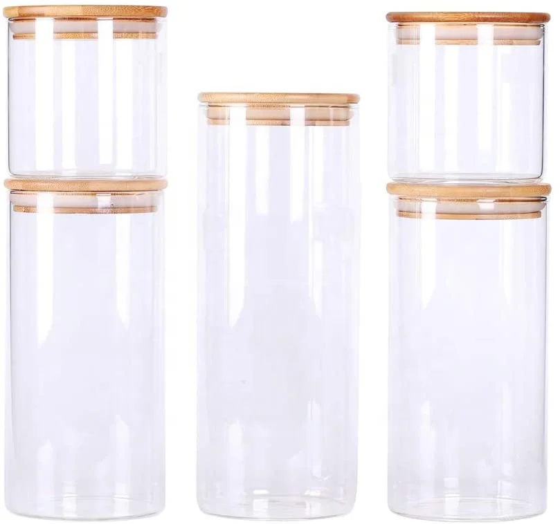 

Empty Round Glass Bottles and Jars with Woode Borosilicate Kitchen Food Storage Containers, Transparent