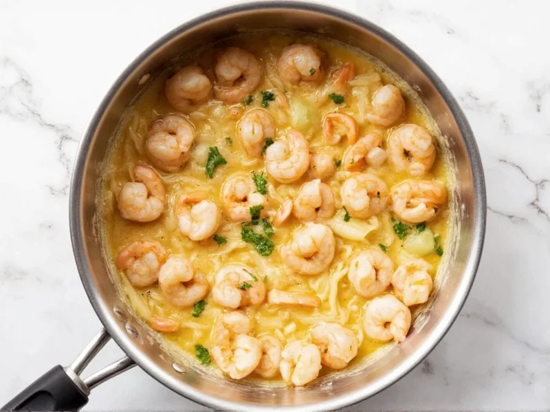 Shrimp alfredo cooking process in stainless steel pan