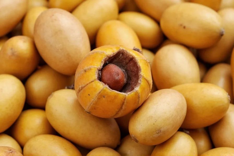 Close-up view of Myristica fragrans fruit showing nutmeg seed surrounded by mace aril