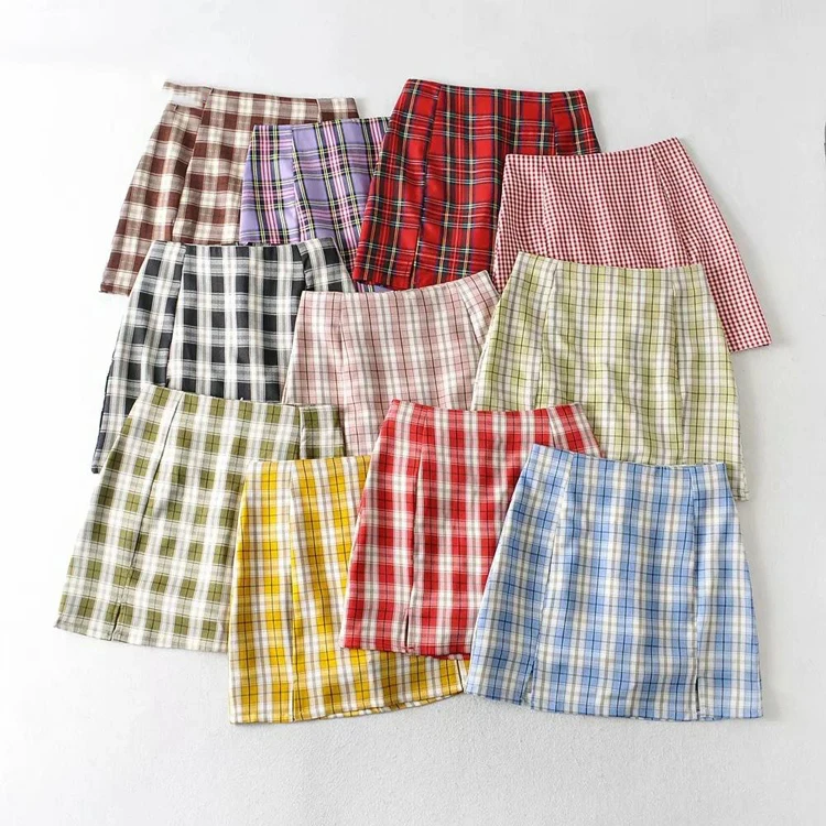 

Factory supply purple BM skirt high waist blue plaid skirt slim woman A line skirt