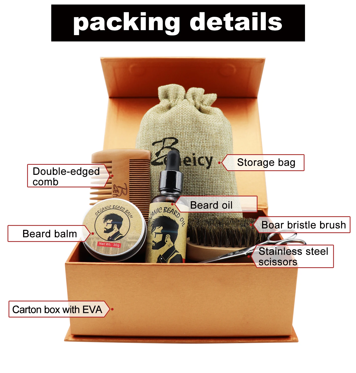OEM Private Label Beard Oil Beard grooming Kit for Men Mustache Care with Sandalwood Comb