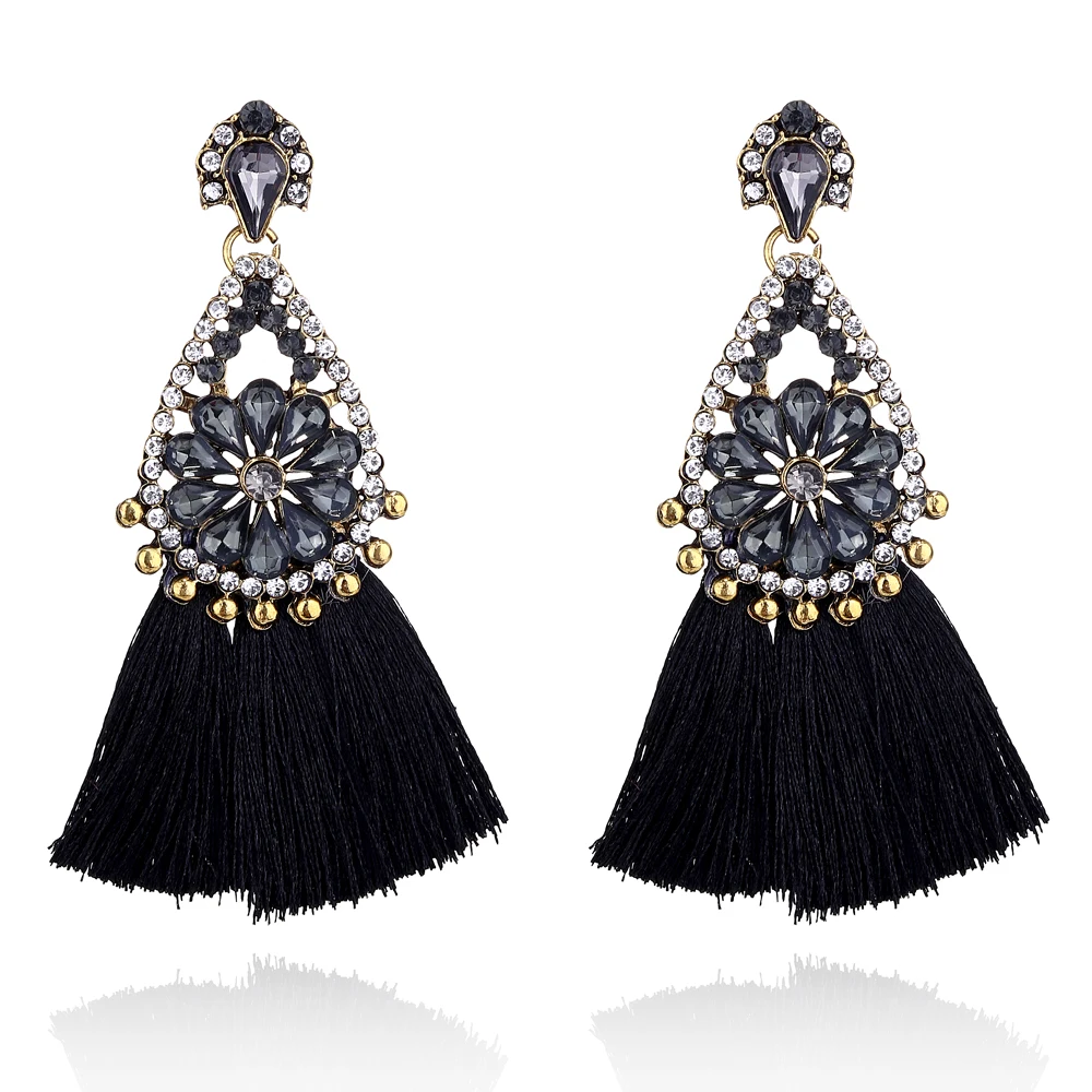 波西米亚水晶水钻流苏耳环丝绸面料长吊坠流苏耳环为妇女珠宝