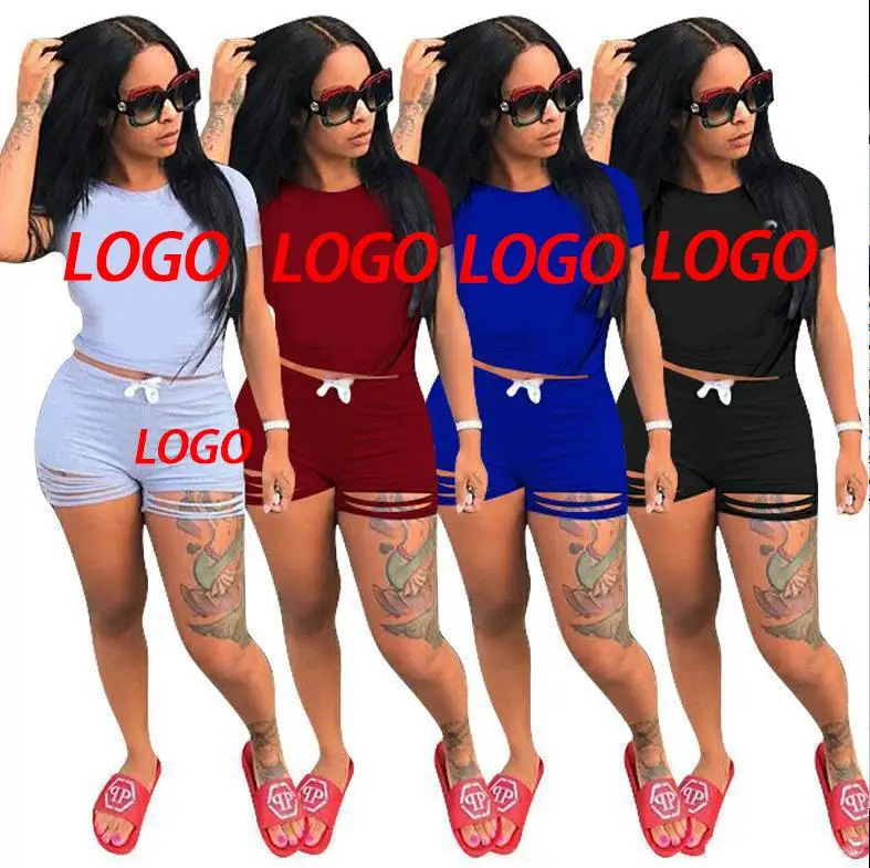 

2021 Summer Custom Slim Sports Suit Short Sleeve Drawstring Hole Shorts Two piece set Female, Picture