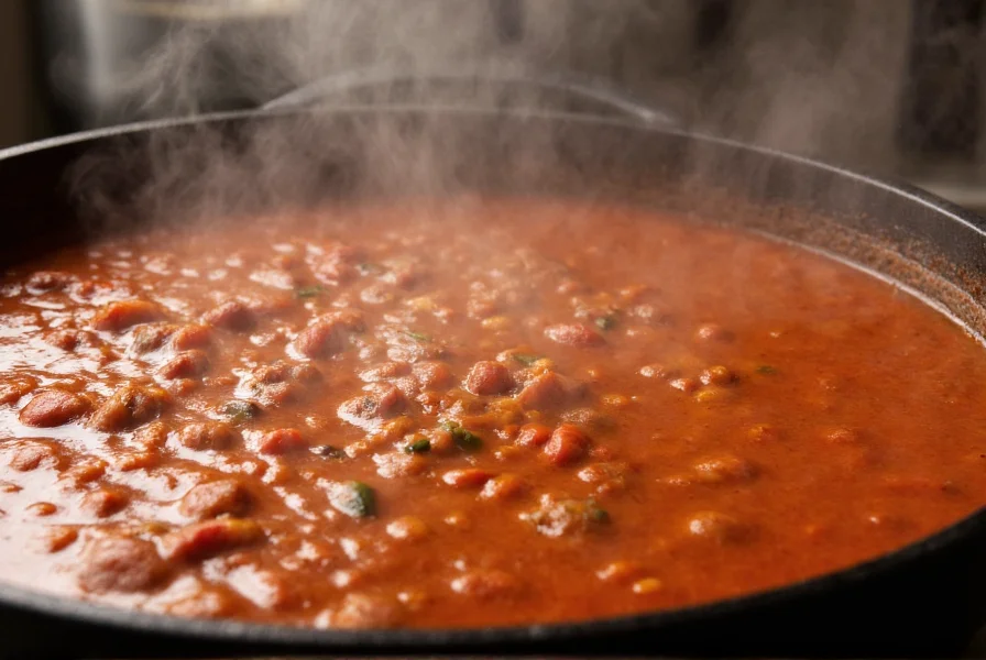 Simmering pot of Cincinnati style chili with steam rising, showing the thin consistency characteristic of the regional specialty