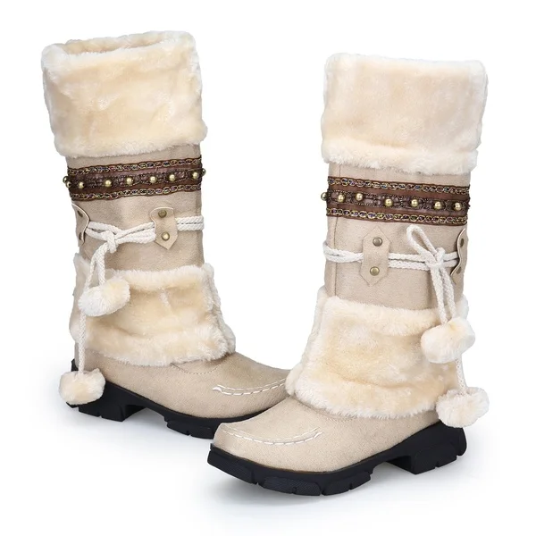 

Women Winter Mid Calf Platform Boots Fur Warm Snow Boots, Black/beige/purple/brown